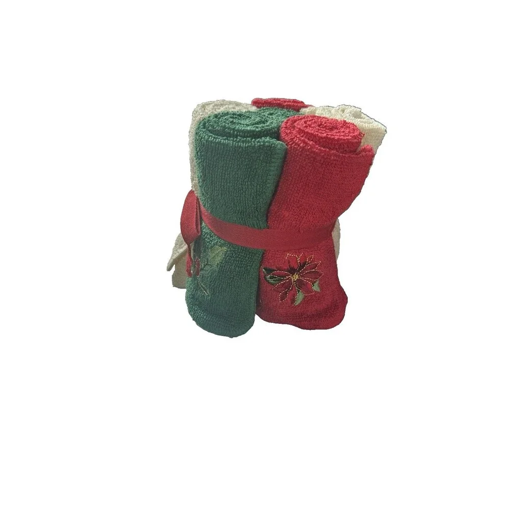Vintage Bath Set of 6 Christmas Embroidery Multicolor Wash Cloths/Towels- New